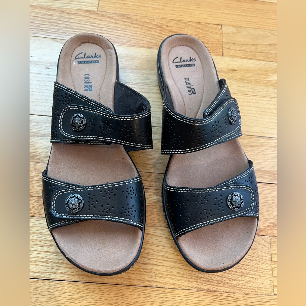 Clarks Leisa Lacole Leather Sandals Black Size 8.5, With Box Soft Cushion